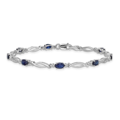 10k White Gold Diamond and Oval Sapphire Fancy Link 7.25 inch Bracelet