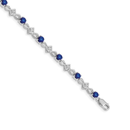 10k White Gold 1/10 carat Diamond and Round Sapphire Fancy Link 7 inch Bracelet
