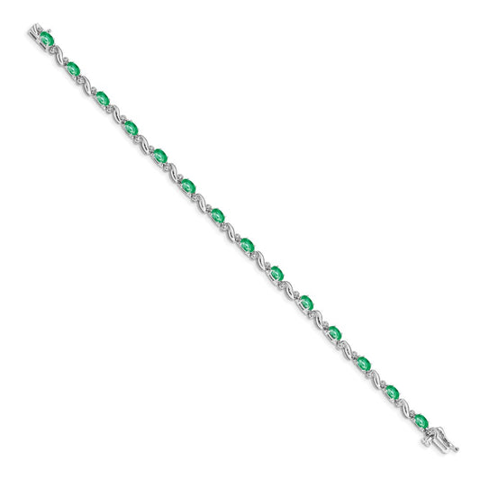 10k White Gold 1/10 carat Diamond and Oval Emerald 7 inch Bracelet