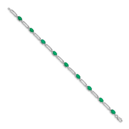 10k White Gold 1/20 carat Diamond and Oval Emerald Rectangle Link 7.25 inch Bracelet