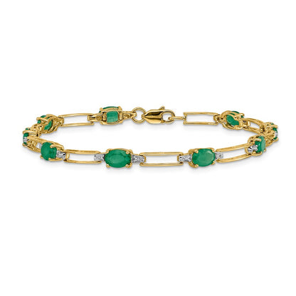 10k 1/20 carat Diamond and Oval Emerald Rectangle Link 7.25 inch Bracelet