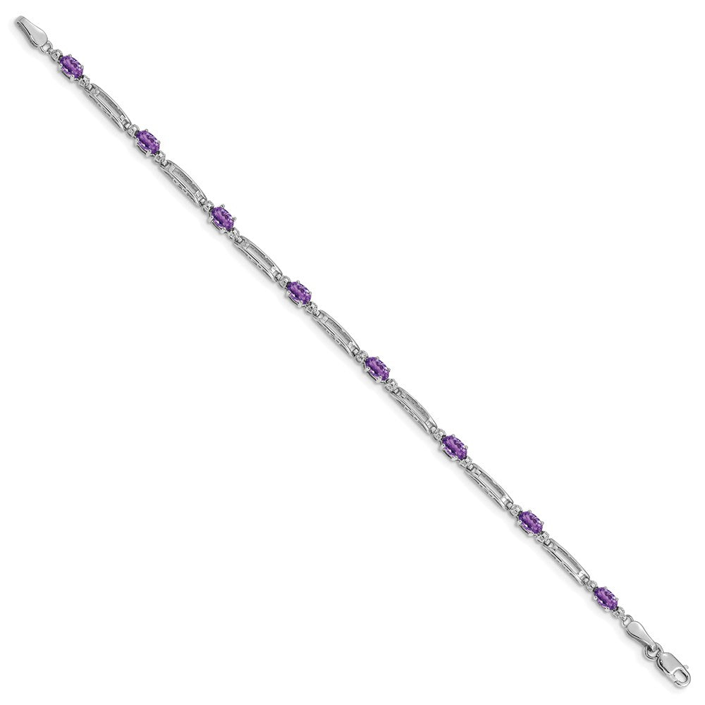 10k White Gold Diamond and Oval Amethyst Rectangle Link 7 inch Bracelet