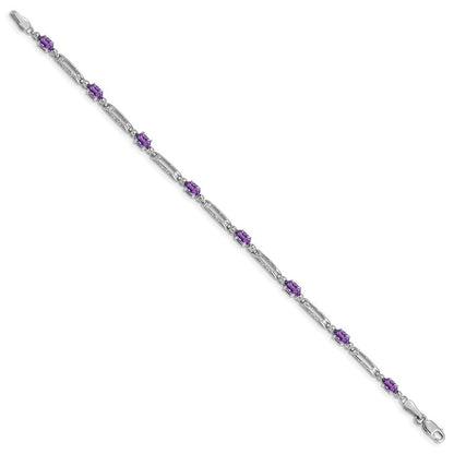 10k White Gold Diamond and Oval Amethyst Rectangle Link 7 inch Bracelet