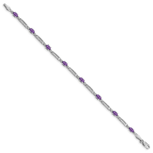 10k White Gold Diamond and Oval Amethyst Rectangle Link 7 inch Bracelet
