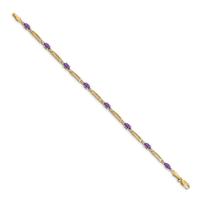 10k Diamond and Oval Amethyst Rectangle Link 7 inch Bracelet