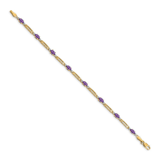 10k Diamond and Oval Amethyst Rectangle Link 7 inch Bracelet