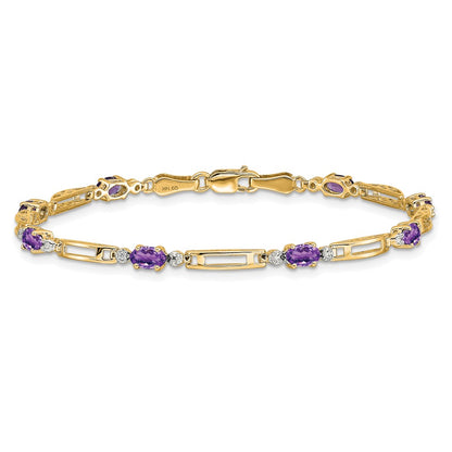 10k Diamond and Oval Amethyst Rectangle Link 7 inch Bracelet