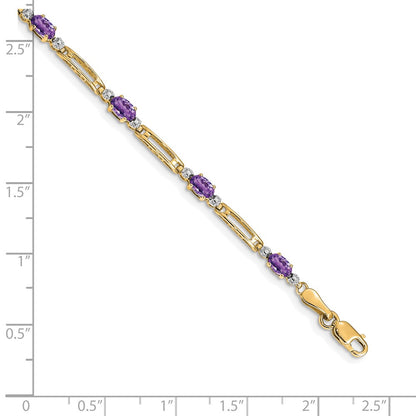 10k Diamond and Oval Amethyst Rectangle Link 7 inch Bracelet