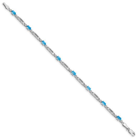 10k White Gold Diamond and Oval Blue Topaz Rectangle Link 7 inch Bracelet