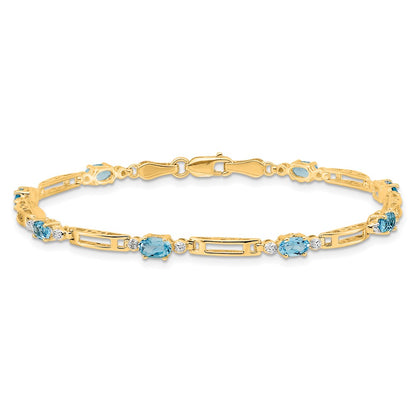 10k Diamond and Oval Blue Topaz Rectangle Link 7 inch Bracelet