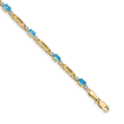 10k Diamond and Oval Blue Topaz Rectangle Link 7 inch Bracelet