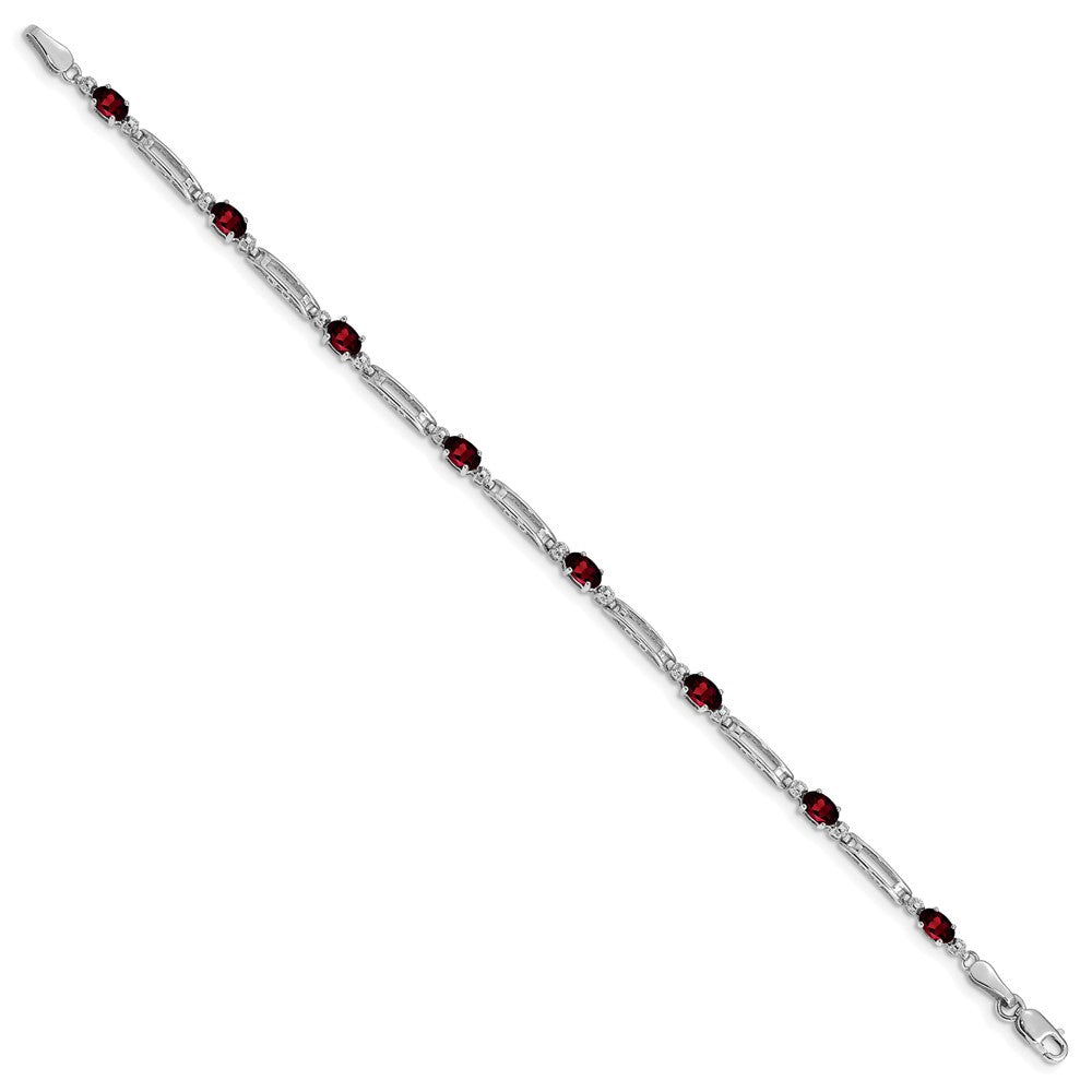 10k White Gold Diamond and Oval Garnet Rectangle Link 7 inch Bracelet