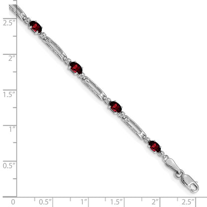 10k White Gold Diamond and Oval Garnet Rectangle Link 7 inch Bracelet