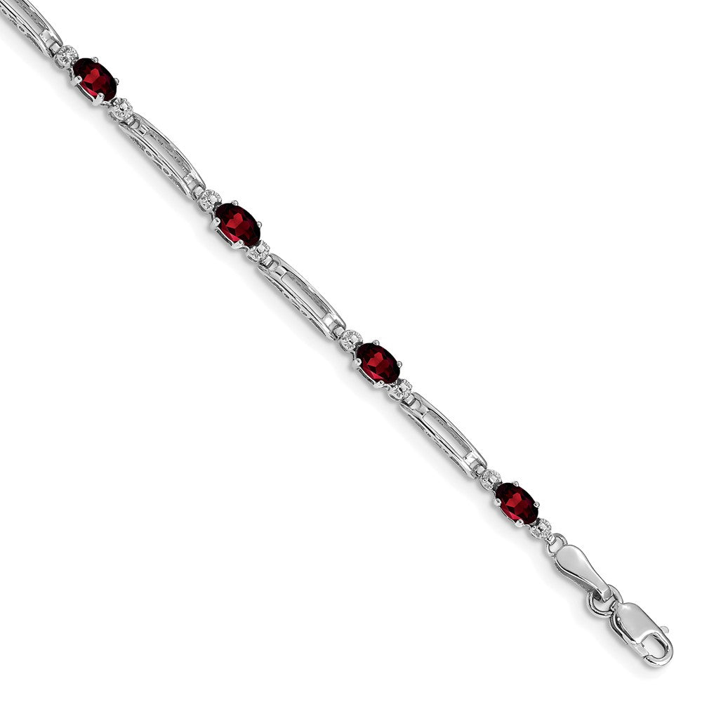 10k White Gold Diamond and Oval Garnet Rectangle Link 7 inch Bracelet
