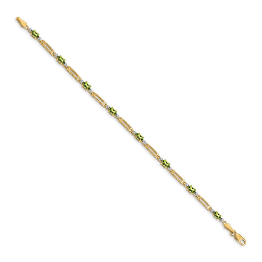 10k Diamond and Oval Peridot Rectangle Link 7 inch Bracelet