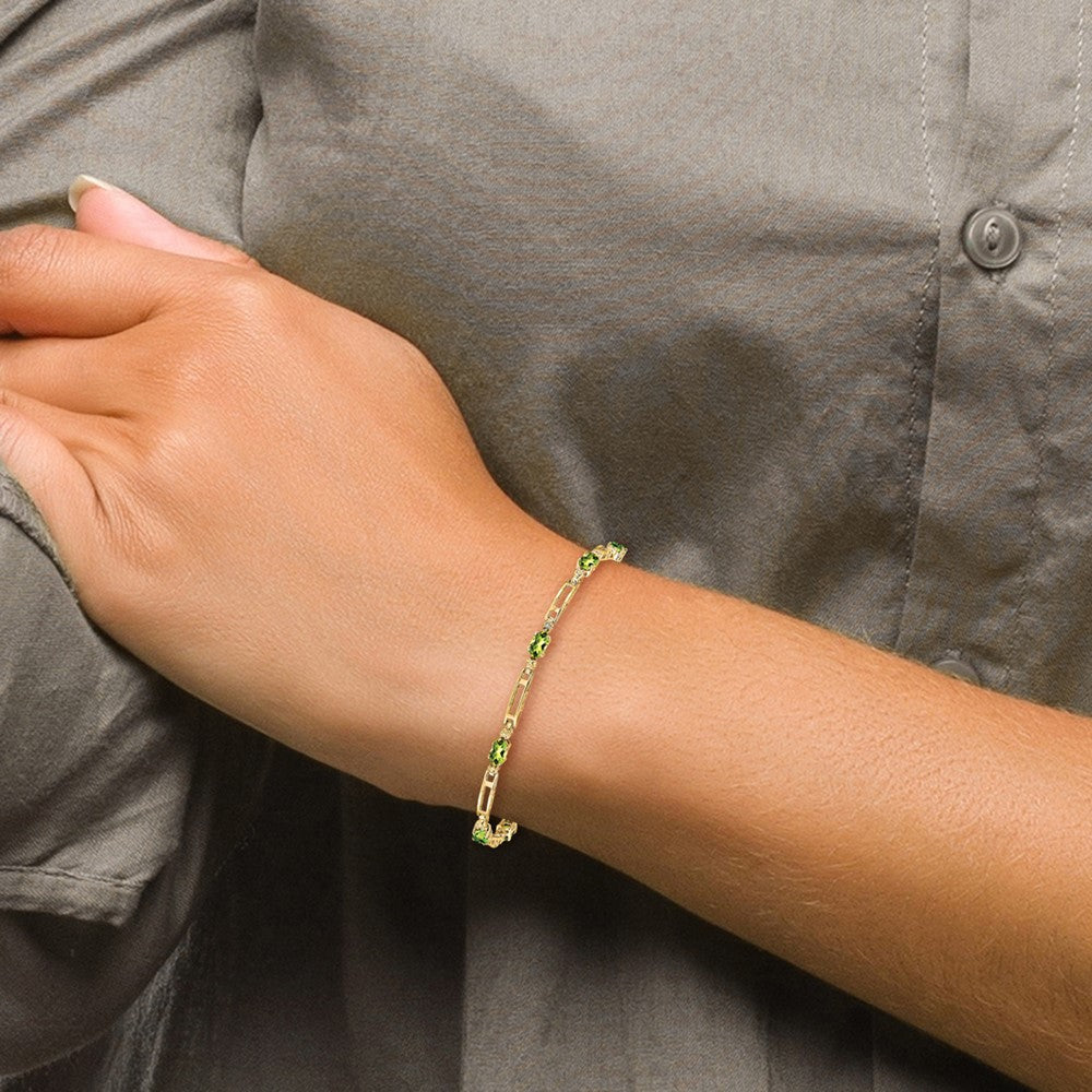 10k Diamond and Oval Peridot Rectangle Link 7 inch Bracelet