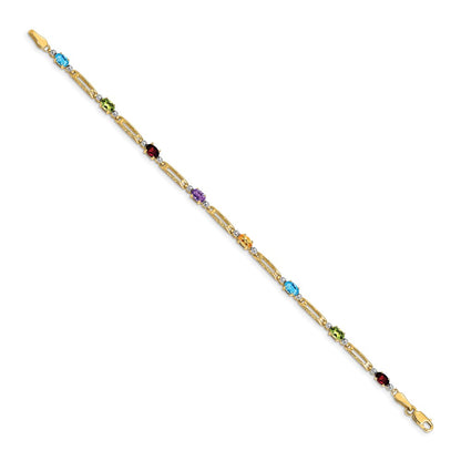 10k Diamond and Oval Rainbow Gemstone Rectangle Link 7 inch Bracelet