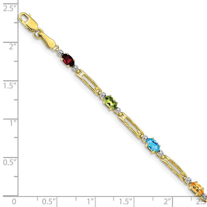 10k Diamond and Oval Rainbow Gemstone Rectangle Link 7 inch Bracelet