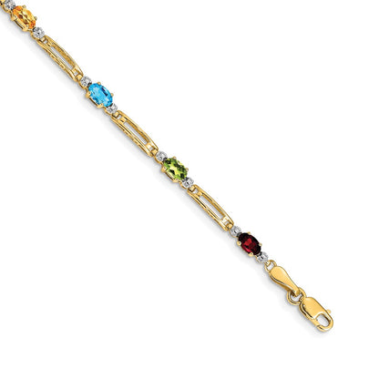 10k Diamond and Oval Rainbow Gemstone Rectangle Link 7 inch Bracelet