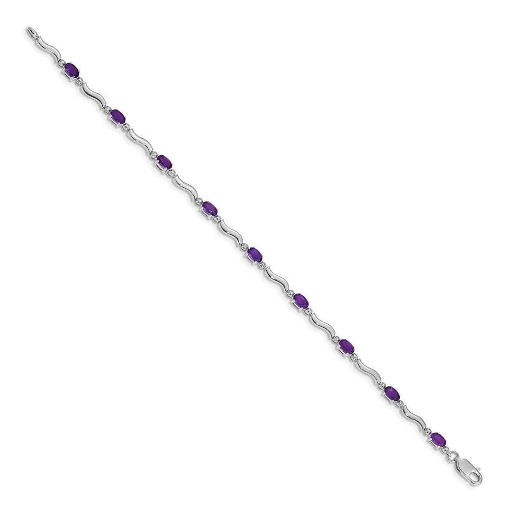 10k White Gold Diamond and Oval Amethyst Wavy Link 7 inch Bracelet