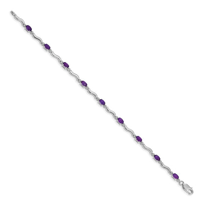 10k White Gold Diamond and Oval Amethyst Wavy Link 7 inch Bracelet