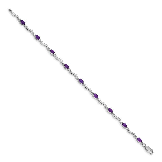 10k White Gold Diamond and Oval Amethyst Wavy Link 7 inch Bracelet