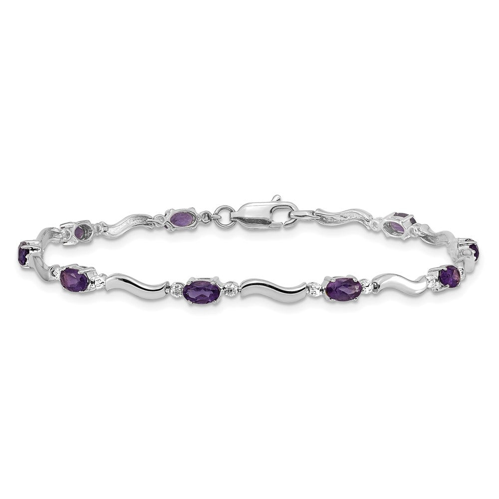 10k White Gold Diamond and Oval Amethyst Wavy Link 7 inch Bracelet