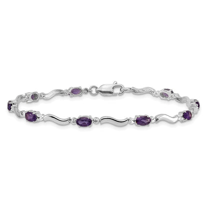 10k White Gold Diamond and Oval Amethyst Wavy Link 7 inch Bracelet