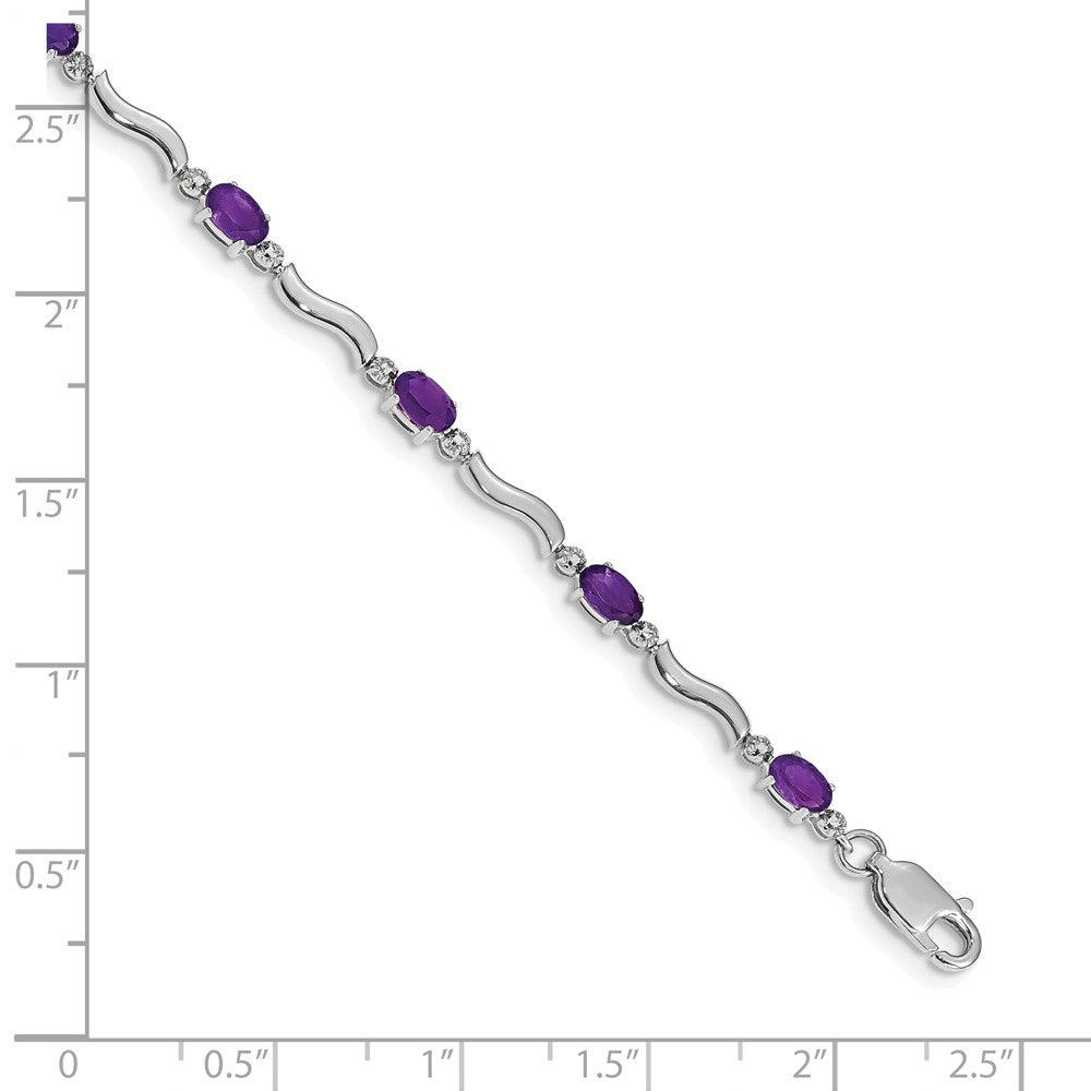 10k White Gold Diamond and Oval Amethyst Wavy Link 7 inch Bracelet