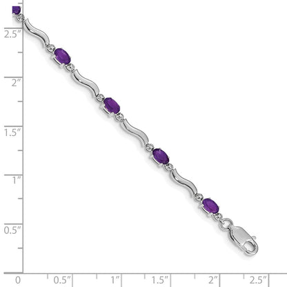 10k White Gold Diamond and Oval Amethyst Wavy Link 7 inch Bracelet