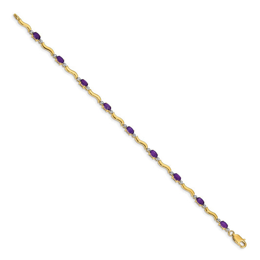 10k Diamond and Oval Amethyst Wavy Link 7 inch Bracelet
