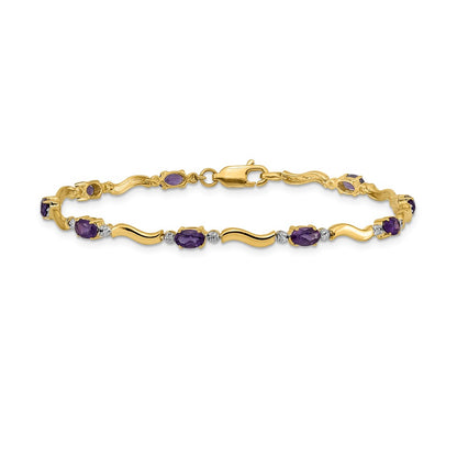 10k Diamond and Oval Amethyst Wavy Link 7 inch Bracelet