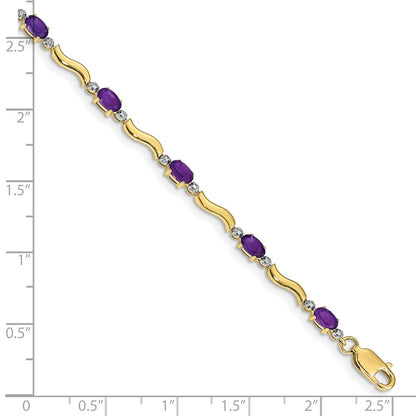 10k Diamond and Oval Amethyst Wavy Link 7 inch Bracelet
