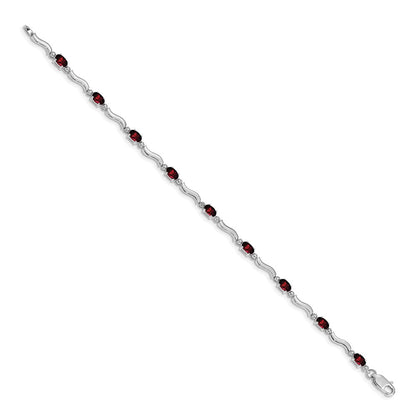 10k White Gold Diamond and Oval Garnet Wavy Link 7 inch Bracelet