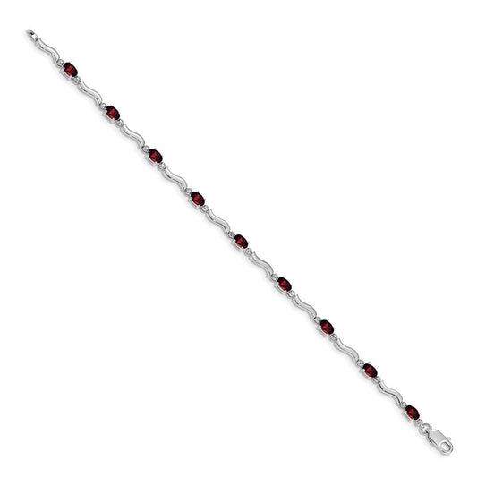 10k White Gold Diamond and Oval Garnet Wavy Link 7 inch Bracelet