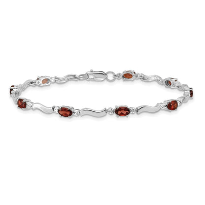 10k White Gold Diamond and Oval Garnet Wavy Link 7 inch Bracelet