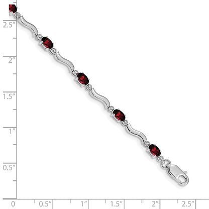 10k White Gold Diamond and Oval Garnet Wavy Link 7 inch Bracelet