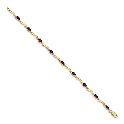 10k Diamond and Oval Garnet Wavy Link 7 inch Bracelet