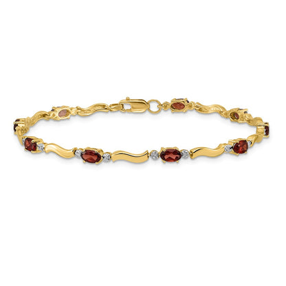 10k Diamond and Oval Garnet Wavy Link 7 inch Bracelet