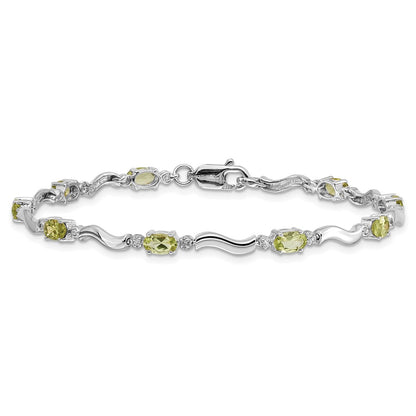 10k White Gold Diamond and Oval Peridot Wavy Link 7 inch Bracelet