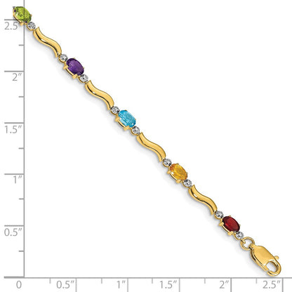 10k Diamond and Oval Rainbow Gemstone Wavy Link 7 inch Bracelet