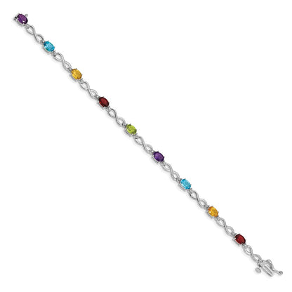 10k White Gold Oval Rainbow Gemstone and Diamond Infinity Link 7 inch Bracelet