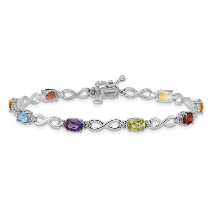 10k White Gold Oval Rainbow Gemstone and Diamond Infinity Link 7 inch Bracelet
