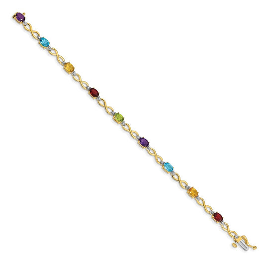 10k Oval Rainbow Gemstone and Diamond Infinity Link 7 inch Bracelet