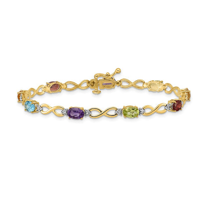 10k Oval Rainbow Gemstone and Diamond Infinity Link 7 inch Bracelet