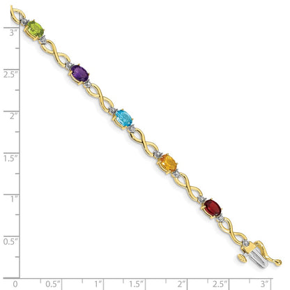 10k Oval Rainbow Gemstone and Diamond Infinity Link 7 inch Bracelet