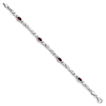 10k White Gold Oval Garnet Bezel 4-Stone 7.25 inch Bracelet