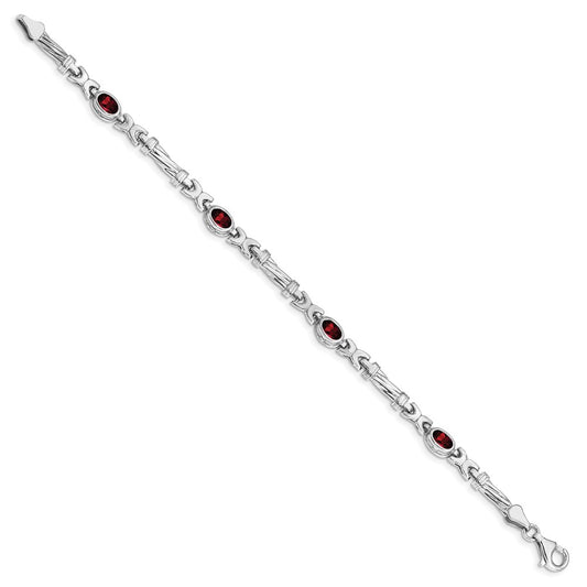 10k White Gold Oval Garnet Bezel 4-Stone 7.25 inch Bracelet