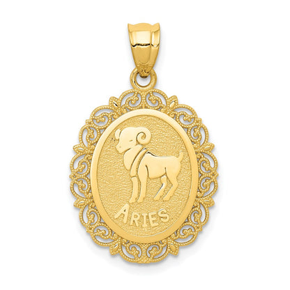 14k Solid Satin Polished Aries Zodiac Oval Pendant