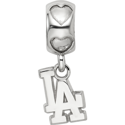 Sterling Silver Rh-plated LogoArt Los Angeles Dodgers LA on Heart Bead